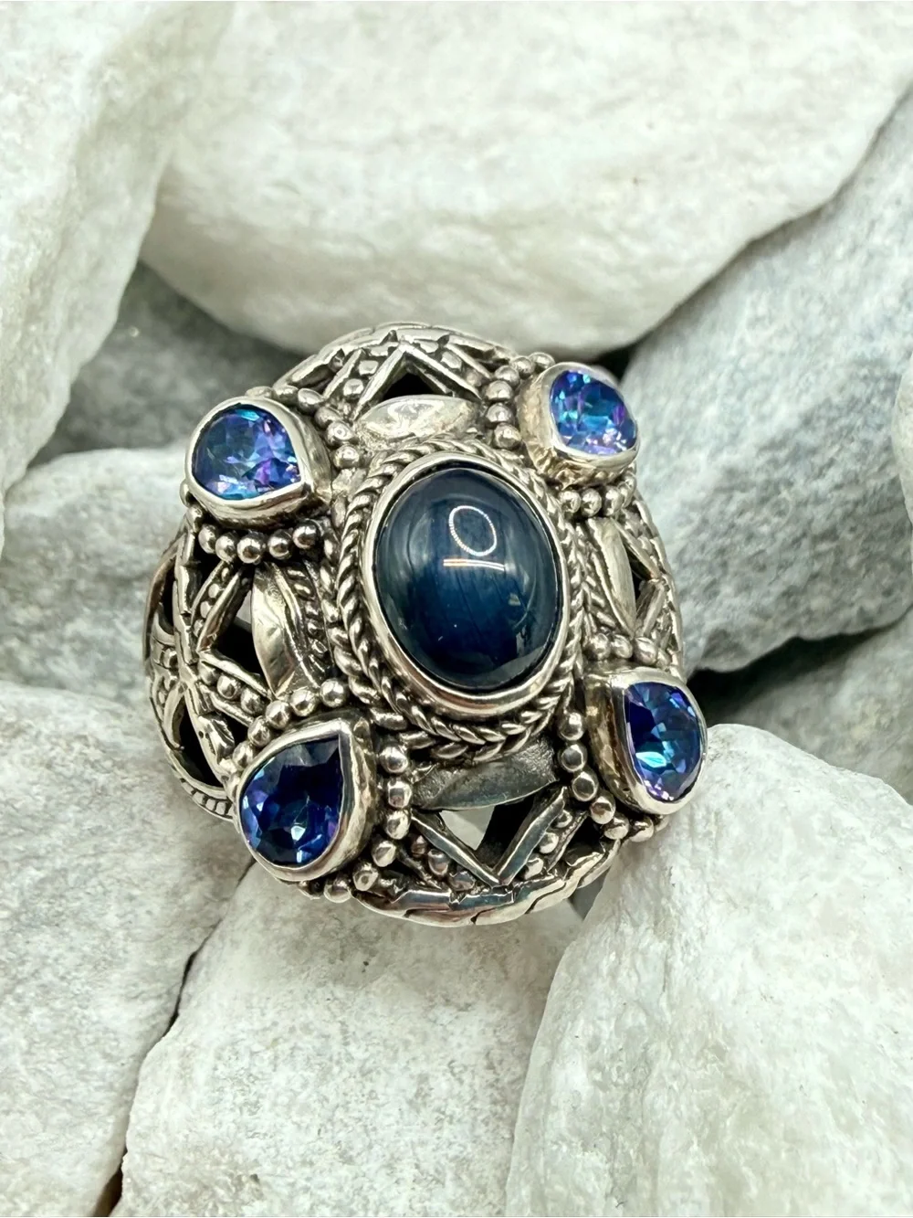 Vintage SARDA 925 Sterling Silver Sapphire Blue Topaz Statement Ring Size 8 EUC